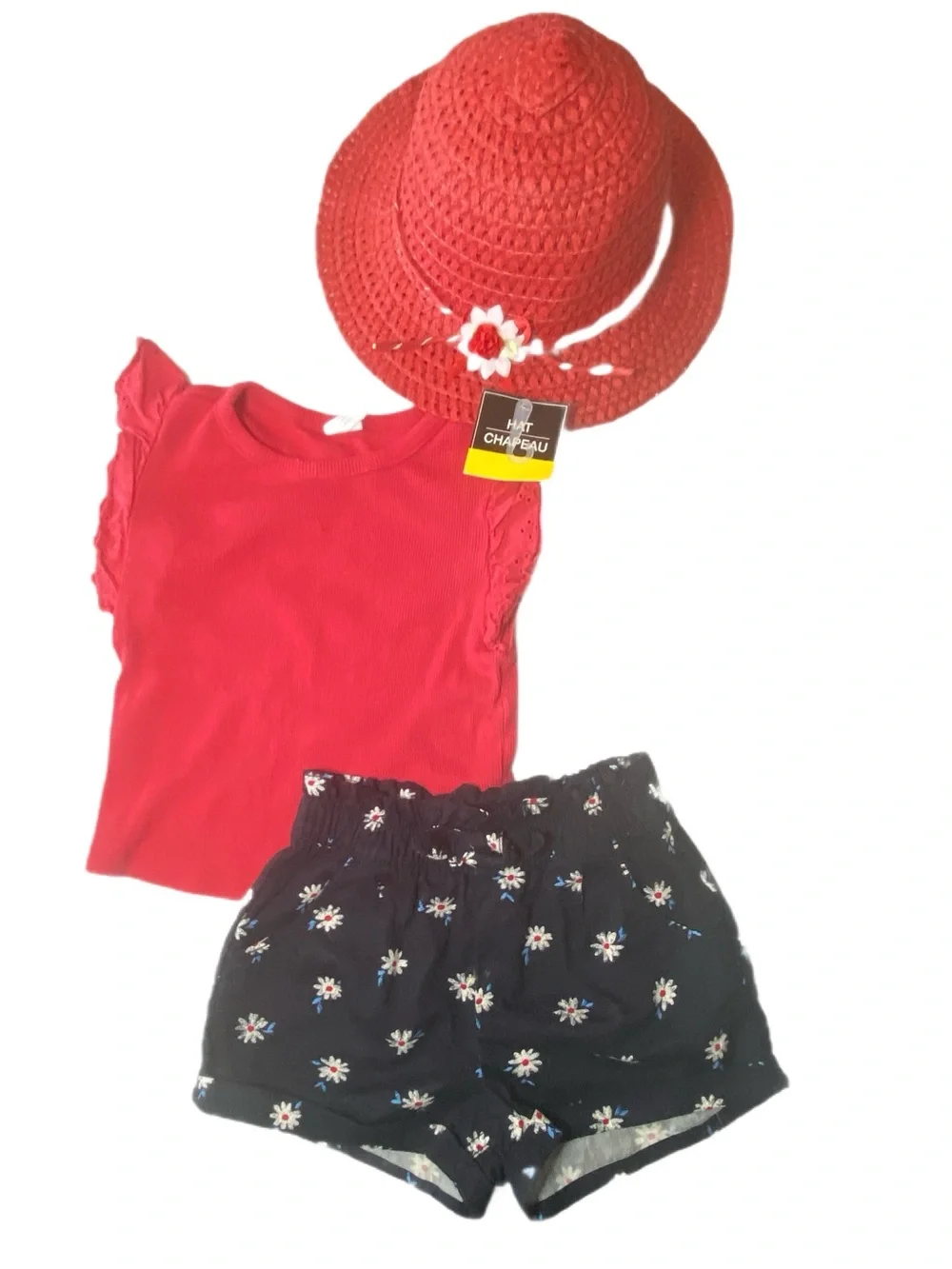 Baby GAP 3pc Set Red Top, Navy Floral Shorts & Red Straw Hat Size 3T